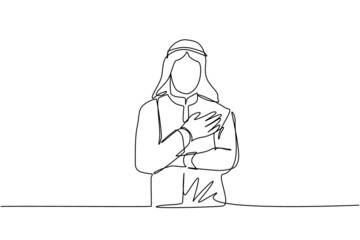 Single one line drawing young Arabian man keeping hands on chest. Smiling friendly male expressing gratitude. Emotion, body language concept. Continuous line draw design graphic vector illustration