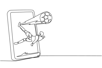 Continuous one line drawing football player kicks some overhead ball out of smartphone screen. Mobile sports play match. Online soccer game with live mobile app. Single line draw design vector graphic