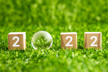 2022 white text with cube wooden, on a green grass field, glass globe, Happy new year 2022,...