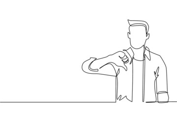 Single continuous line drawing unhappy young man showing thumbs down sign gesture. Dislike, disagree, disappointment, disapprove, no deal. Emotion, body language. One line draw graphic design vector