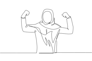 Continuous one line drawing happy Arabian female employee of company stands in strong pose. Businesswoman gestures hand. Office worker. Achievement concept. Single line draw design vector illustration