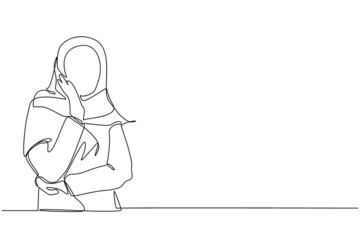 Continuous one line drawing young Arabian woman holding hand on cheek with crossed hand. Bored or tired person keeping hand on face. Female suffering from toothache. Single line draw design vector