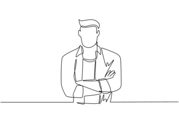 Single continuous line drawing smiling confident young man in shirt, keeping arms crossed. Active businessman standing with folded arms pose. Dynamic one line draw graphic design vector illustration