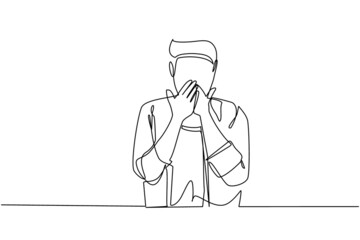 Continuous one line drawing man covering mouth with hands. Male mouth with hand shocked with shame for mistake, expression of fear, scared in silence, secret concept. Single line draw design vector