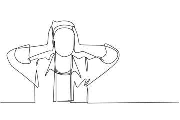 Continuous one line drawing man covering or closing his ears with hands, making don't hear or listen gesture. Male does not want to hear or listen. Single line draw design graphic vector illustration