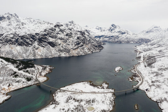tourism, arctic, e10, lofoten, reflection, cold, ice, nordic, sun, norwegian, rocky, sea, rock, austerstraumen, panoramic, drone, aerial, mountain, view, scandinavia, europe, bridge, norway, road, fjo
