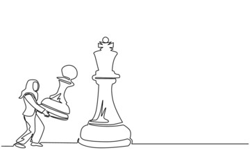Continuous one line drawing Arabian businesswoman holding pawn chess to beat king chess. Strategic planning, business development strategy, tactics in entrepreneurship. Single line draw design vector