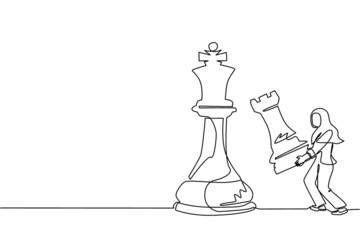 Single one line drawing Arabian businesswoman holding rook chess to beat king chess. Strategic planning, business development strategy, tactics in entrepreneurship. Continuous line draw design vector