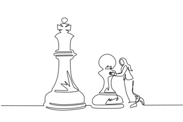 Single continuous line drawing Arab businesswoman push huge pawn chess piece. Business strategy and marketing plan. Strategic move in business concept. One line draw graphic design vector illustration