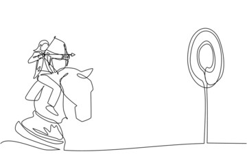 Continuous one line drawing young businesswoman holding archery aiming target while riding chess knight piece, strategic concept. Success business manager. Single line draw design vector illustration