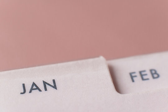 Closeup of January and February monthly planner calendar tabs in peachy coral color