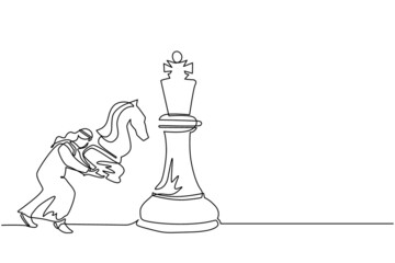 Single one line drawing Arabic businessman holding knight chess piece to beat king chess. Strategic planning, business development strategy, tactic entrepreneurship. Continuous line draw design vector