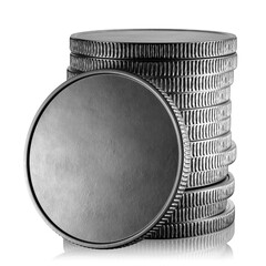 silver coin stands sideways. Coins template for your design. A stack of silver coins. 3d render.