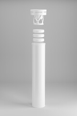 Round white matt aluminum tube with lid for effervescent or charcoal tablets, pills, vitamins. Tablets, lids, packaging are open. 3d render