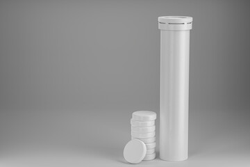 Round white matt aluminum tube with lid for effervescent or charcoal tablets, pills, vitamins. The tablets are stacked side by side. 3d render