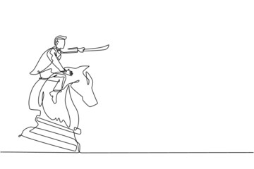 Single one line drawing businessman riding big chess horse knight with sword. Strategy, business, competition, achievement goal concept. Modern continuous line draw design graphic vector illustration