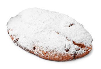 Delicious Stollen sprinkled with powdered sugar isolated on white