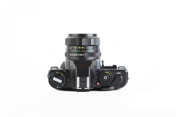 Very rare old 35 mm SLR film camera on white background.
