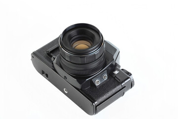 Very rare old 35 mm SLR film camera on white background.
