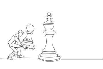 Single one line drawing businessman holding pawn chess piece to beat king chess. Strategic planning, business development strategy, tactics in entrepreneurship. Continuous line draw design vector