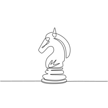 Single continuous line drawing horse knight chess logo isolated on white background. Chess logo for web site, app and print presentation. Creative art concept. One line draw design vector illustration