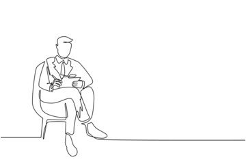 Single one line drawing young businessman with clipboard. Male executive sitting in armchair. Man taking notes. Psychology consultation. Modern continuous line draw design graphic vector illustration - obrazy, fototapety, plakaty