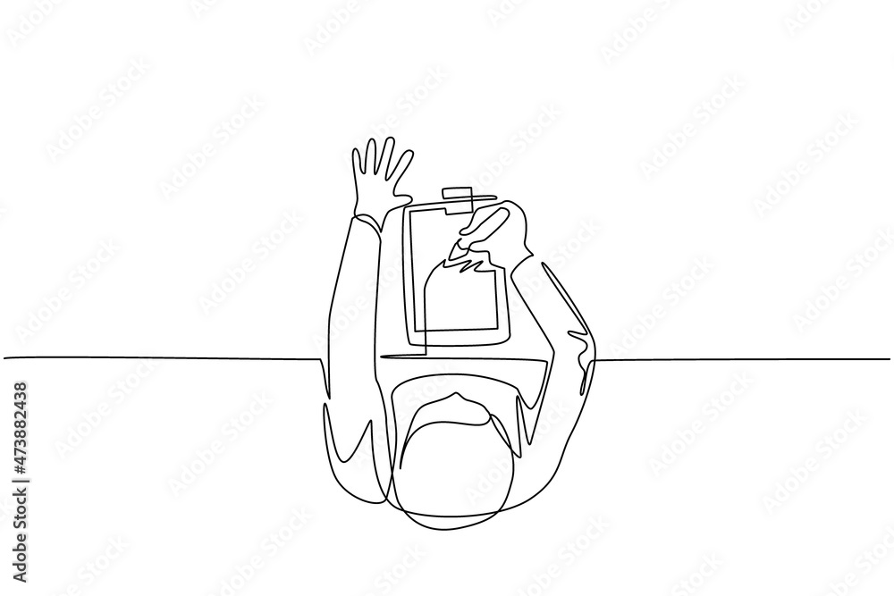 Poster continuous one line drawing top view of businessman writes completed checklist on clipboard. concept