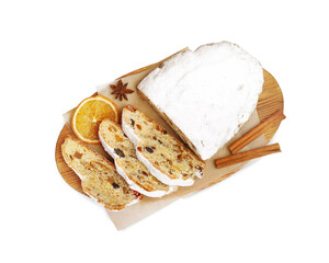 Traditional Christmas Stollen with icing sugar on white background, top view