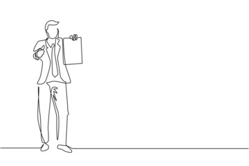 Single continuous line drawing happy young businessman wearing suit holding clipboard and making or showing thumbs up gesture or sign. Person keeping file pad in hand. One line draw design vector