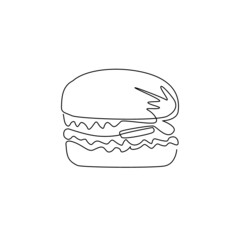 Single one line drawing hamburger icon. Classic burger American cheeseburger with lettuce tomato onion cheese beef and sauce. Fast Food. Modern continuous line draw design graphic vector illustration