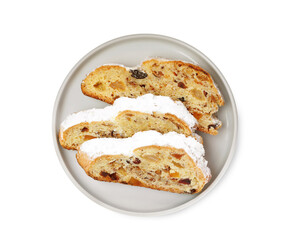 Traditional Christmas Stollen with icing sugar on white background, top view