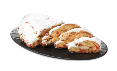 Traditional Christmas Stollen with icing sugar on white background