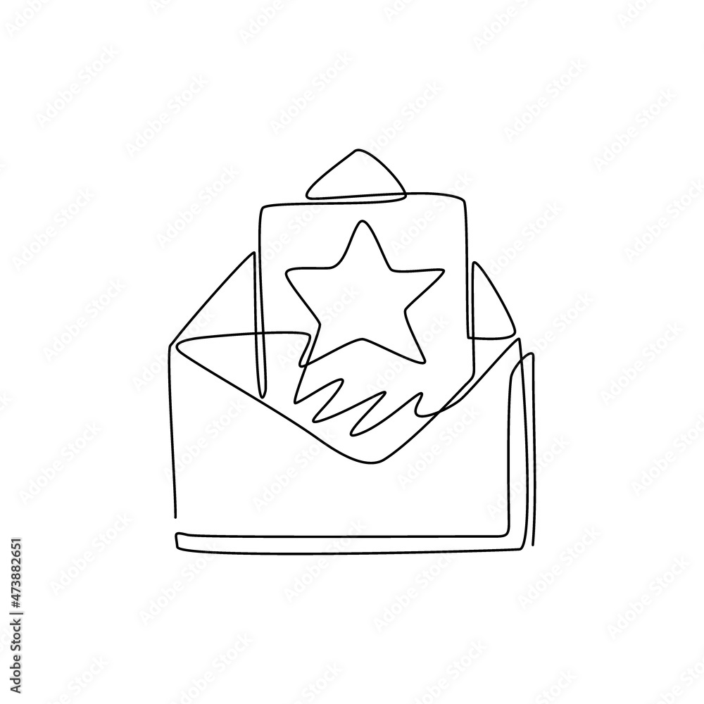 Poster single one line drawing opened mail envelope with star image. read incoming message. decoration for 