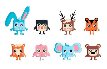 Cute square shaped wild animals collection. Vector set of characters for kids