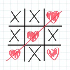 Valentines Day tic tac xo game with red hearts. Vector illustration