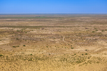 Panorama of Kyzylkum desert at end of spring, when bushes are blooming during short period until hot summer sun dry them. Shot in Khorezm region of Uzbekistan