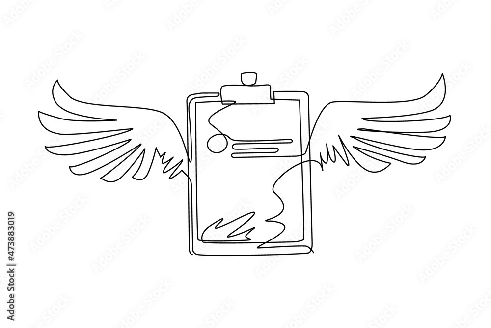 Poster continuous one line drawing clipboard with wings icon. task done. signed approved document icon. pro