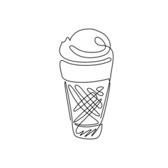 Single one line drawing ice cream cone icon. Frozen ice cream flat logo symbol for food business. Delicious dessert in summer isolated. Modern continuous line draw design graphic vector illustration