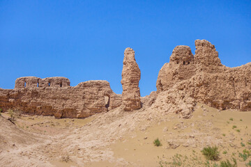 Ruins of fortress of Janbas Kala in Kyzylkum desert, Karakalpakstan, Uzbekistan. City existed for...