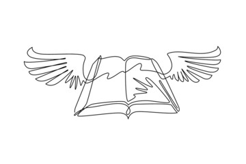 Continuous one line drawing flying book with wings. Winged book icon. Magic fairy tale reading logo. Imagination and inspiration picture. Fantasy. Creative kids. Single line draw design vector graphic