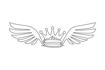 Continuous one line drawing crown with wings. Fantasy crown icon isolated on white. Royal, luxury, vip, first class sign. Winner award. Magic, fairytale girly symbol. Single line draw design vector