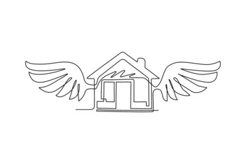 Single continuous line drawing flying house logo with wings as icon for any business especially for house business, real estate, architecture, construction, mortgage, rent. One line draw design vector