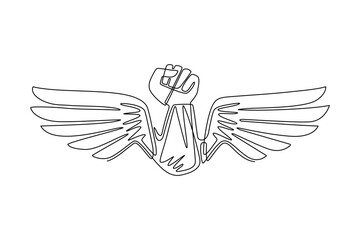 Single continuous line drawing raised strong clenched fist winged logo. Best fighter vector symbol, champion concept. Freedom for the personality. One line draw graphic design vector illustration