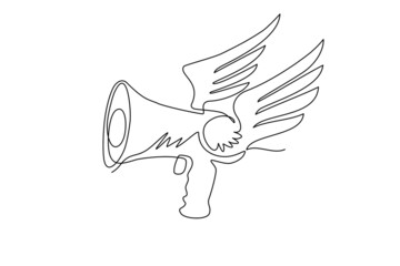 Continuous one line drawing megaphone with wings is flying. Winged logo composed with megaphone equipment. Proletarian revolution, political propaganda. Single line draw design vector illustration