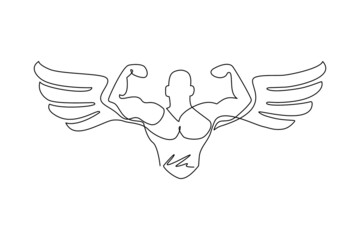 Single one line drawing bodybuilder with wings, fitness and bodybuilding theme. Fitness gym logo design template weightlifting. Sport fitness club. Continuous line draw graphic vector illustration