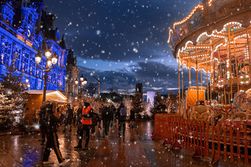 Magical Christmas market spirit in Paris, France. December 10, 2021. Celebrating new years eve. Happy holidays.