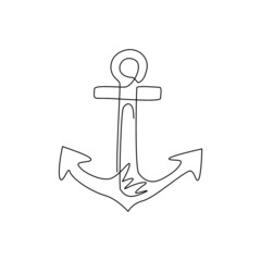 Single continuous line drawing anchor logo. Nautical maritime sea ocean boat symbol. Nautical icon vessel sign, boat, cargo shipping isolated. Dynamic one line draw graphic design vector illustration © Simple Line