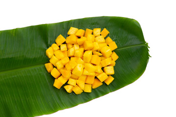 Tropical fruit, Mango cube slices in banana leaf