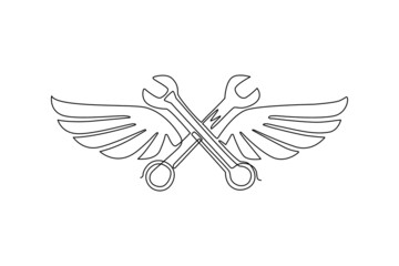 Single continuous line drawing two crossed wrench with wings. Auto mechanic car repair shop icon with wings. Fast car service, vehicle maintenance. One line draw graphic design vector illustration