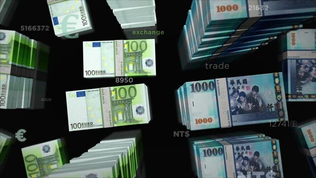 Euro and Taiwan Dollar money exchange. Paper banknotes pack bundle. Concept of trade, economy, competition, crisis, conflict, rivalry and finance. Notes loopable seamless 3d animation.
